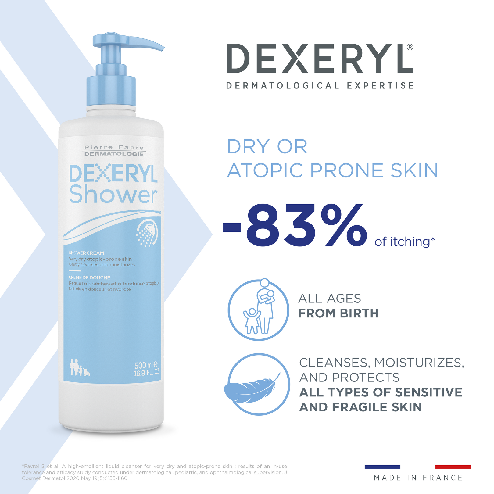 Dexeryl Shower Cream 500 g hydrates and soothes dry skin