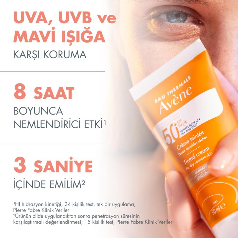Tinted Cream SPF50+ Kuru Ciltler için Renkli Güneş Kremi
